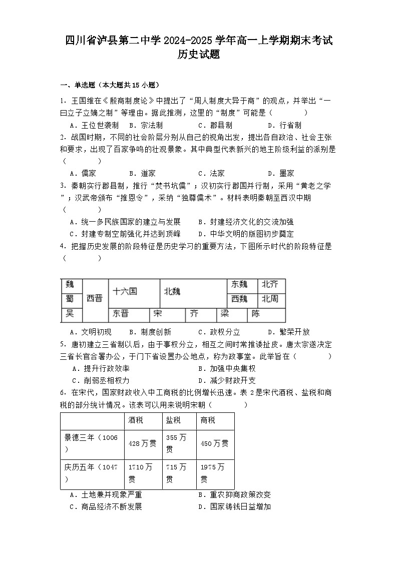 四川省泸县第二中学2024-2025学年高一上学期期末考试历史试题第1页