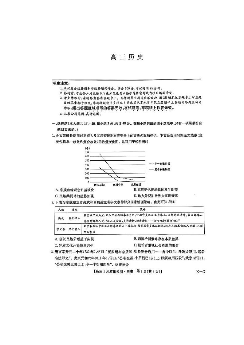 历史-九师联盟2025届高三上学期1月质量检测G试题第1页