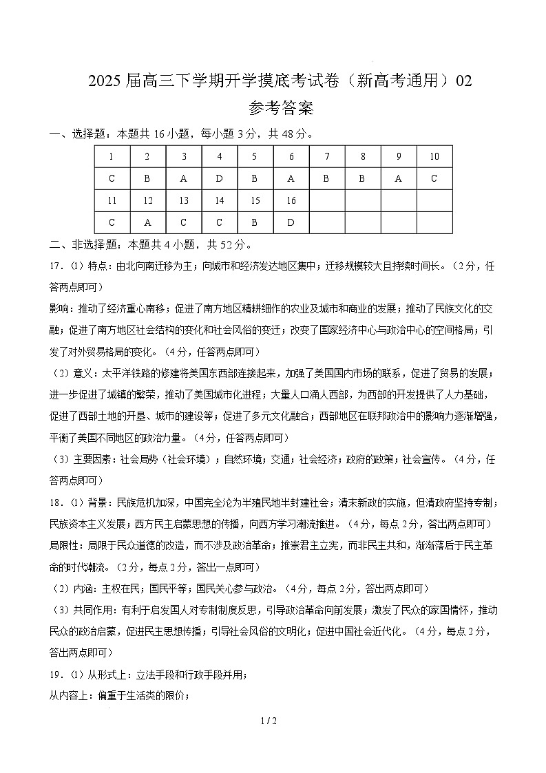 【开学摸底考】2024-2025学年春季期高三历史开学摸底考02（新高考通用）（参考答案）第1页