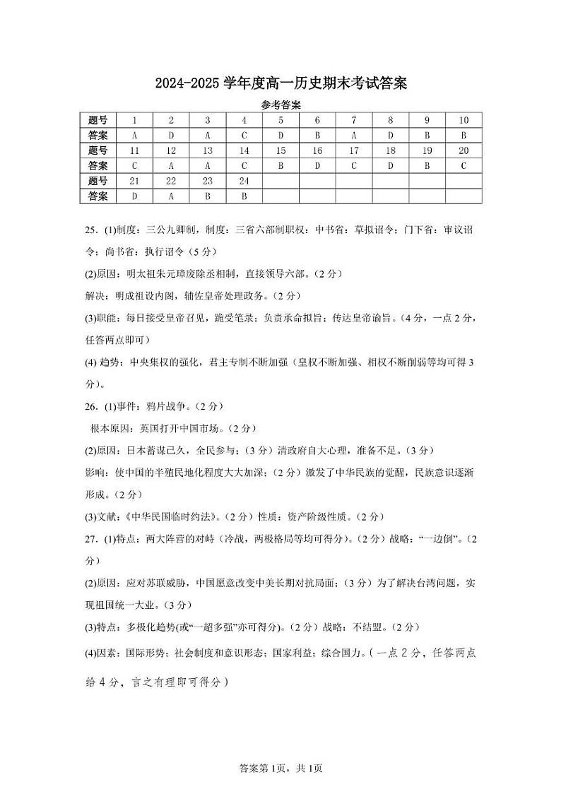 高一 历史 高一历史期中考试答案第1页