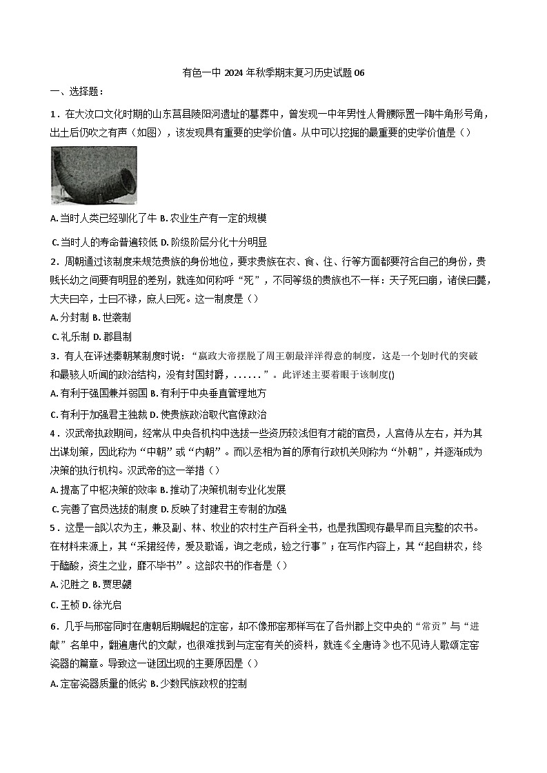 湖北省黄石市有色第一中学2024--2025学年高一上学期期末复习测试（06）历史试题第1页