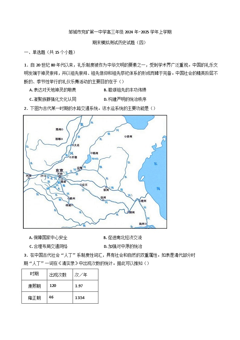 2025届山东省邹城市兖矿第一中学高三上学期期末模拟测试（四）历史试题（纲要上下_选择性必修三册）.第1页