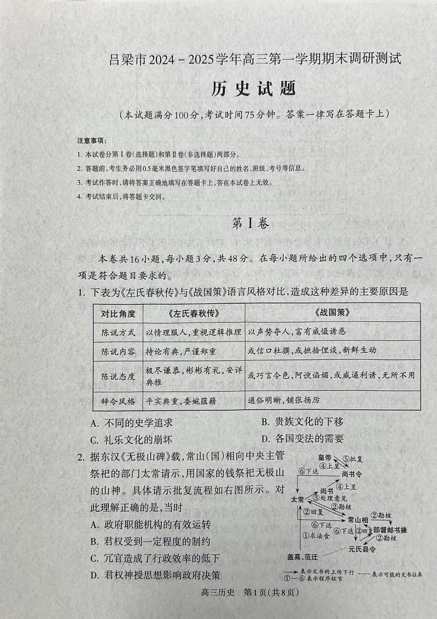 历史丨山西省吕梁市2025届高三1月期末调研考试历史试卷及答案第1页