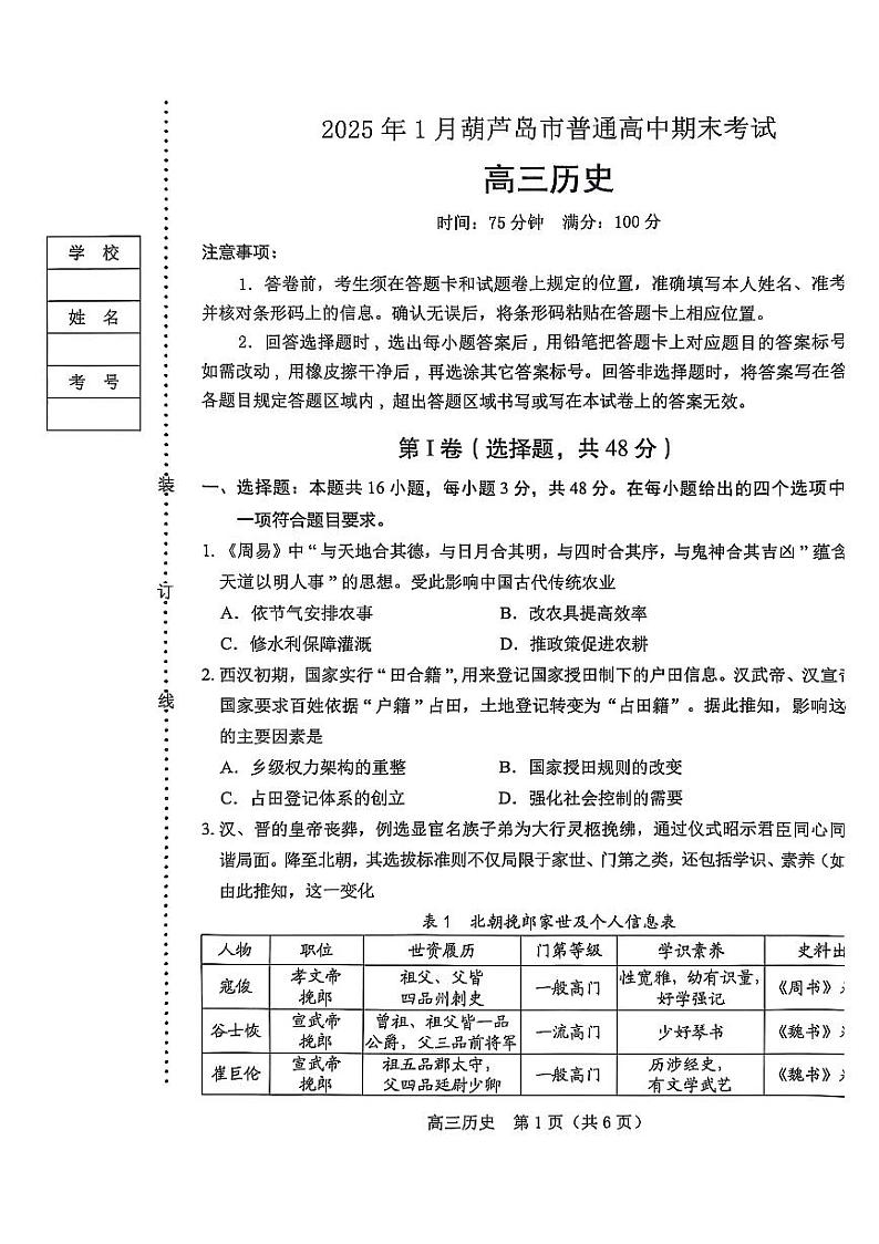 辽宁省葫芦岛市2024-2025高三上学期期末历史试卷及答案第1页