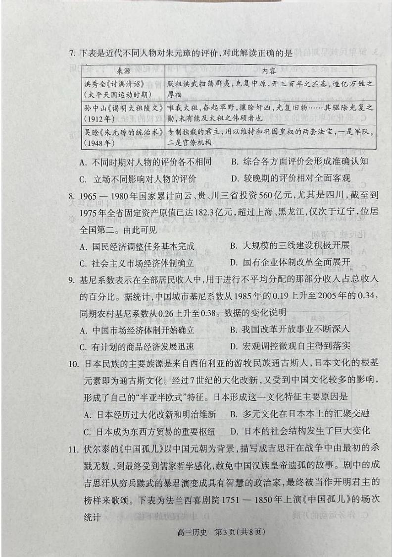 山西省吕梁市2025届高三上学期期末调研考试-历史试卷+答案第3页