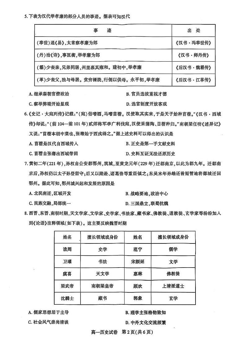 湖北省武汉市部分重点中学2024-2025学年高一上学期期末联考历史试卷第2页
