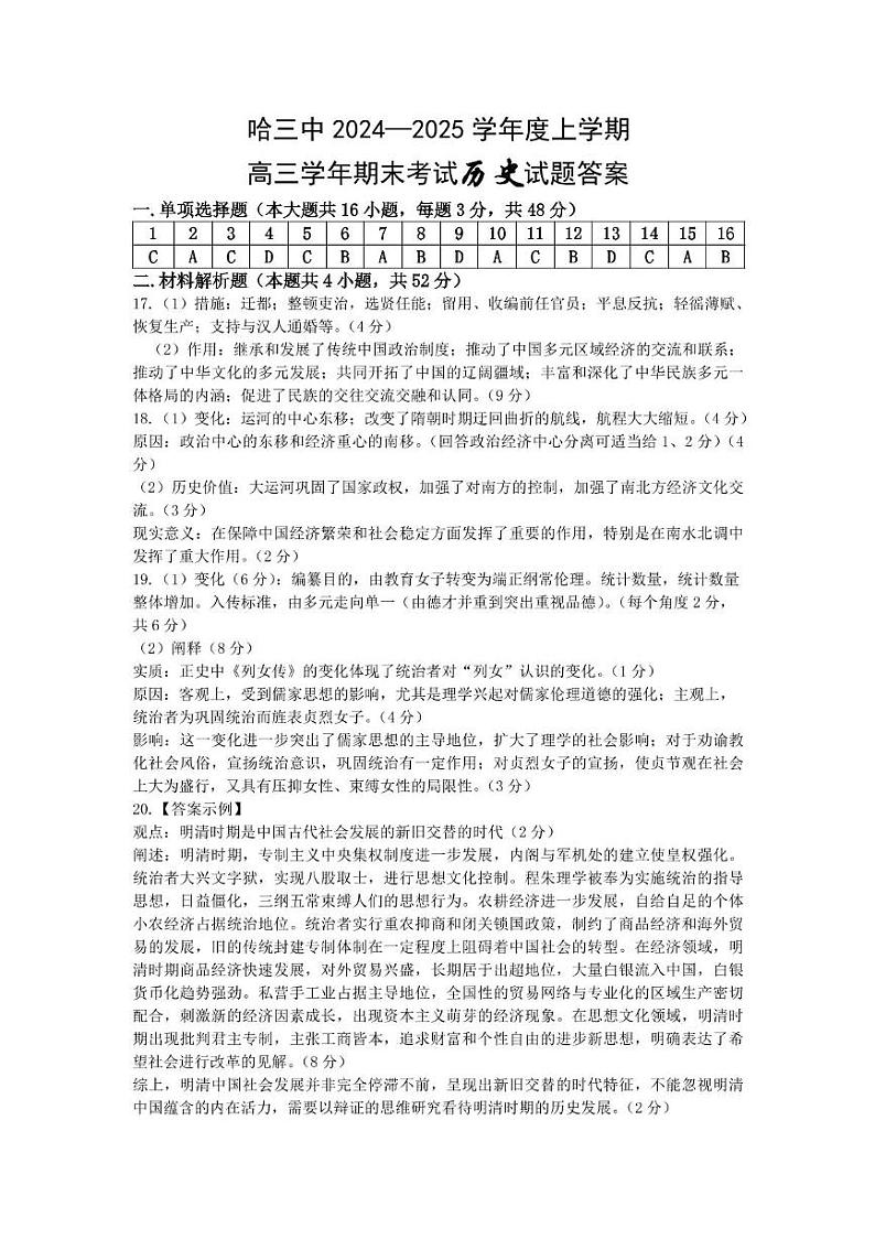新建文件夹 哈三中2024-2025学年度上学期高三学年期末考试历史答案第1页