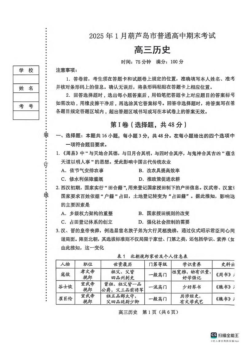 历史丨辽宁省葫芦岛市2025届高三1月期末考试历史试卷及答案第1页