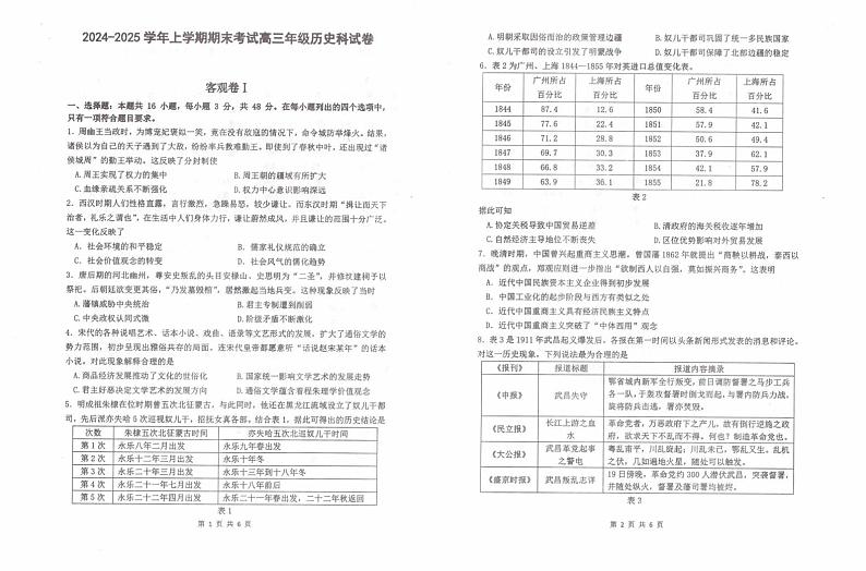 历史丨辽宁省五校（东北育才中学、辽宁省实验中学、大连24中学、大连八中、鞍山一中）2025届高三1月期末考试历史试卷及答案第1页