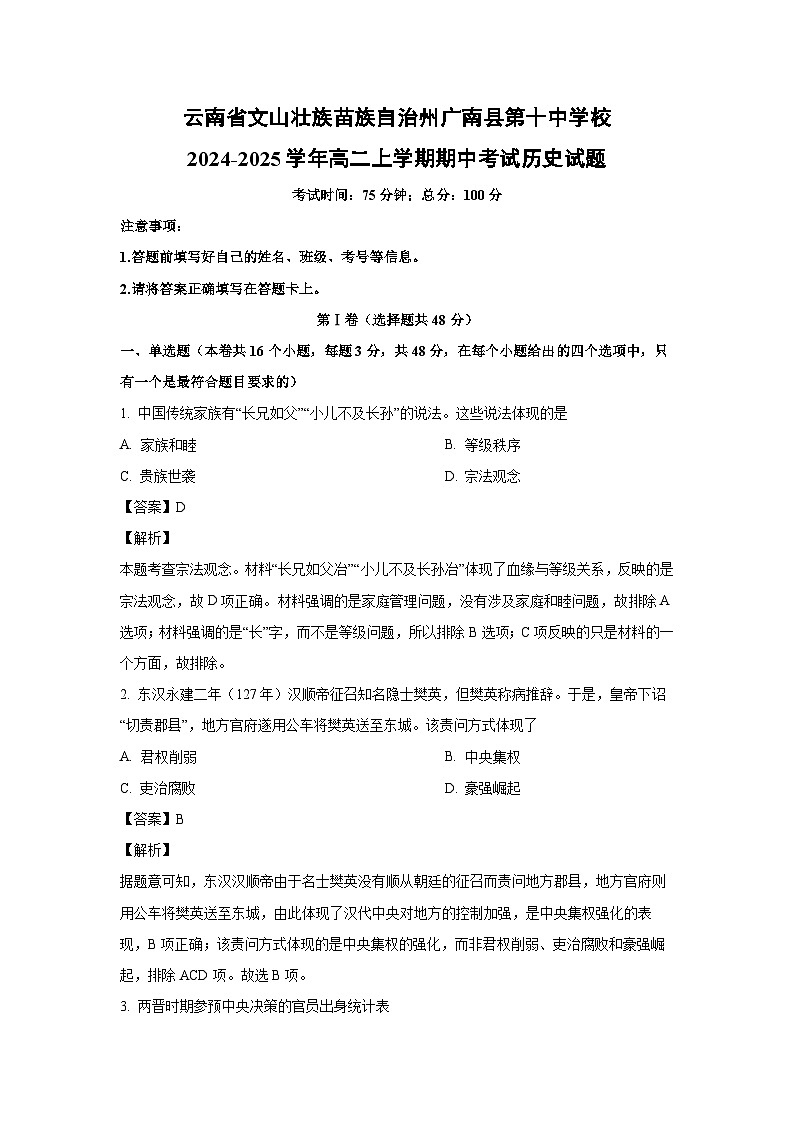 云南省文山壮族苗族自治州广南县第十中学校2024-2025学年高二上学期期中考试历史试卷（解析版）第1页