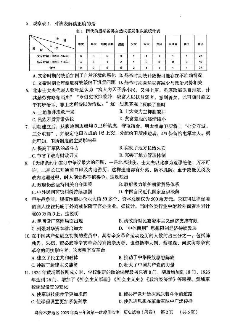 2025乌鲁木齐地区高三上学期第一次质量监测试题历史PDF版含答案第2页