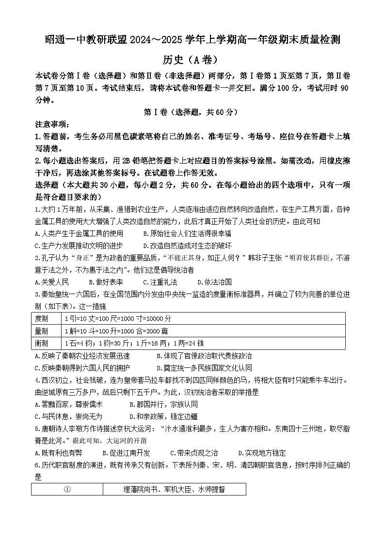 2024—2025学年度云南省昭通市第一中学教研联盟高一第一学期期末联考（A卷）历史试题第1页