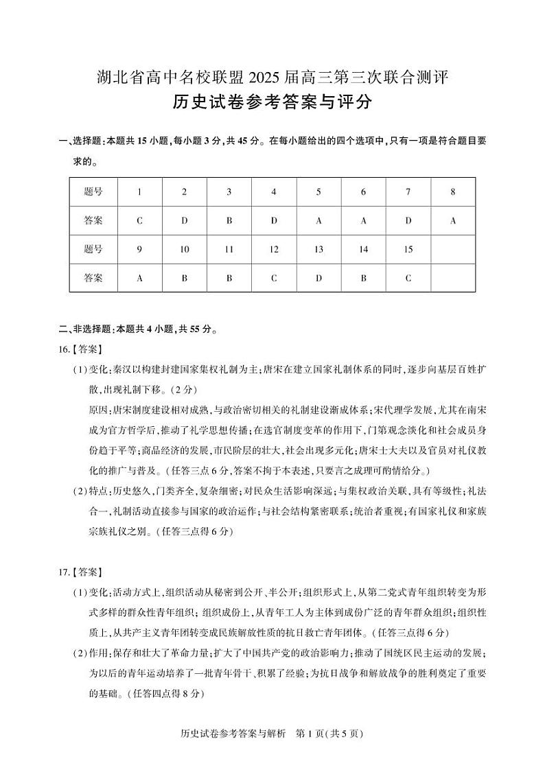 湖北省圆创高中名校联盟2025届高三第三次联合测评历史答案第1页