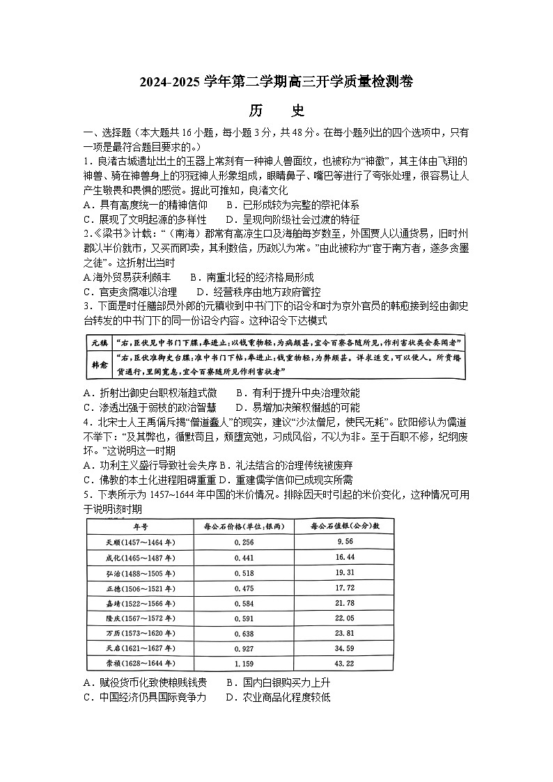 2025山西省卓越联盟高三下学期2月开学质量检测试题历史含解析第1页