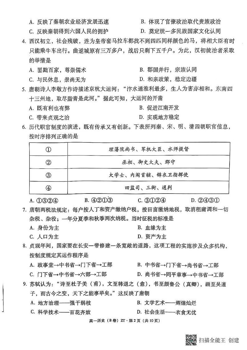 云南省昭通市第一中学教研联盟2024～2025学年高一上学期期末质量检测历史试卷第2页