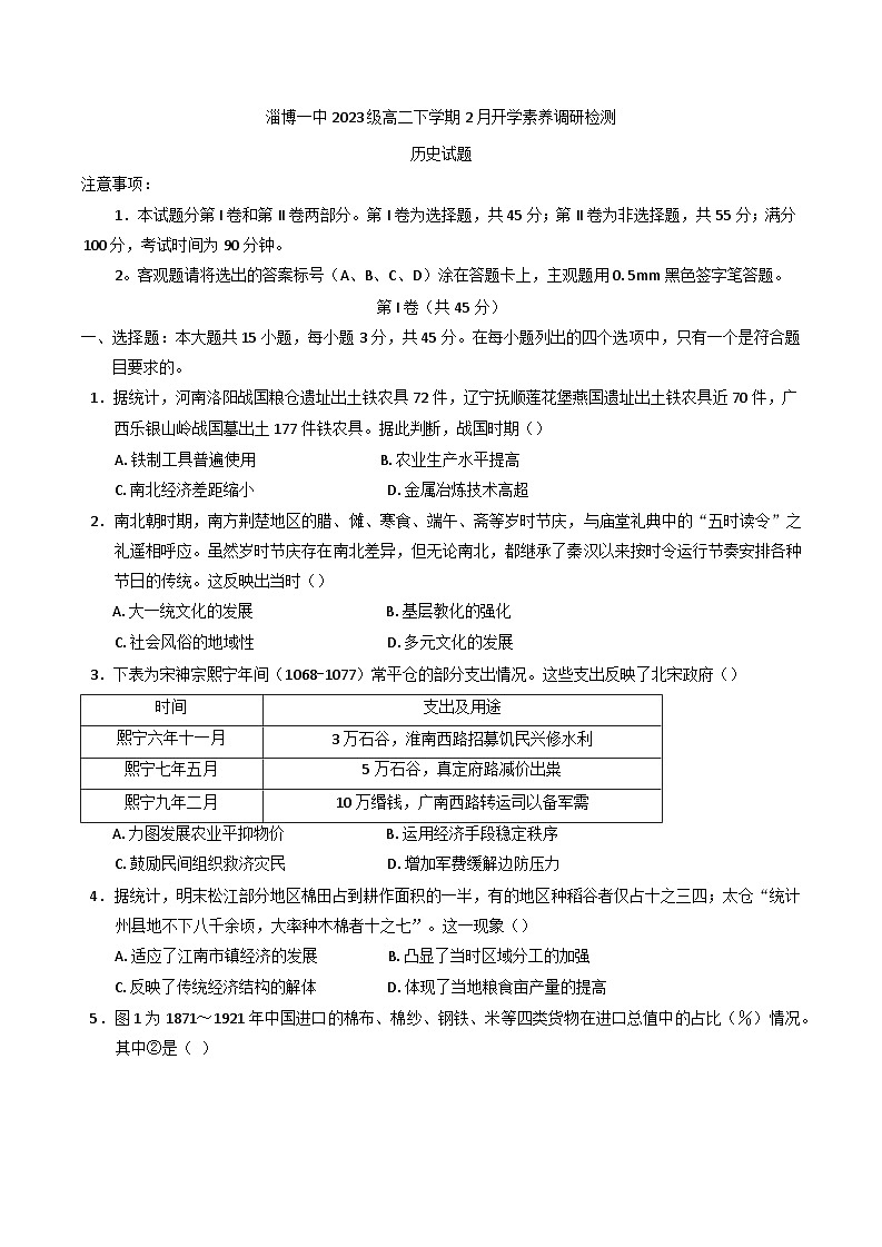 山东省淄博第一中学2024-2025学年高二下学期开学考试历史试题第1页