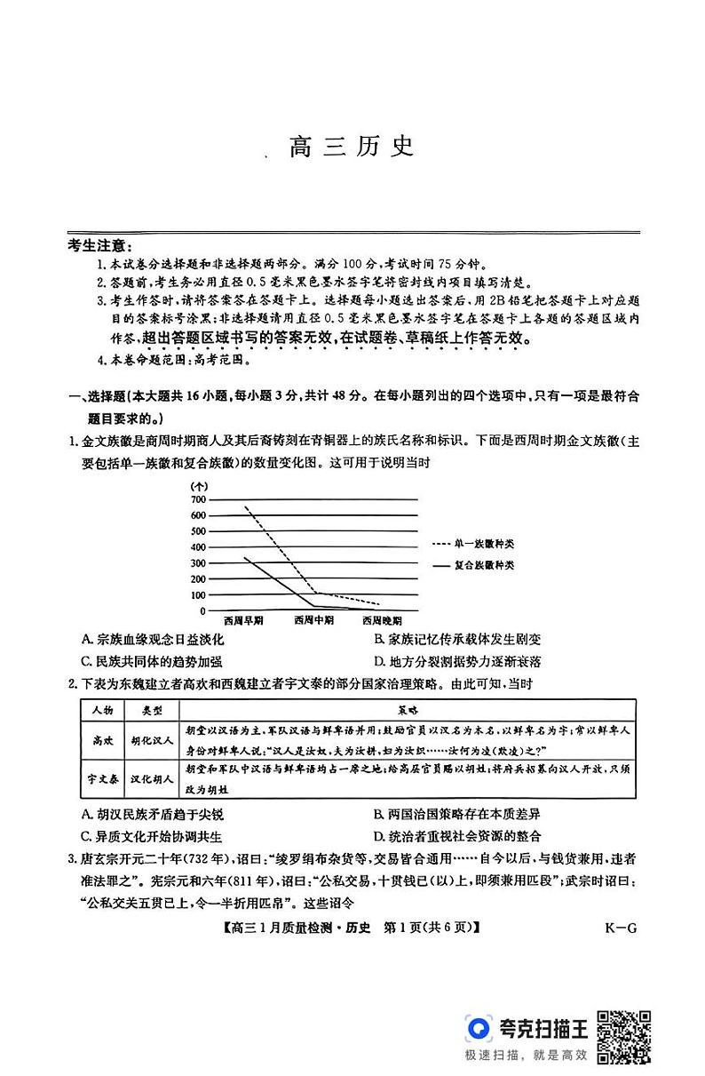 江西宜春十校2024-2025学年高三上学期期末联考历史试题第1页