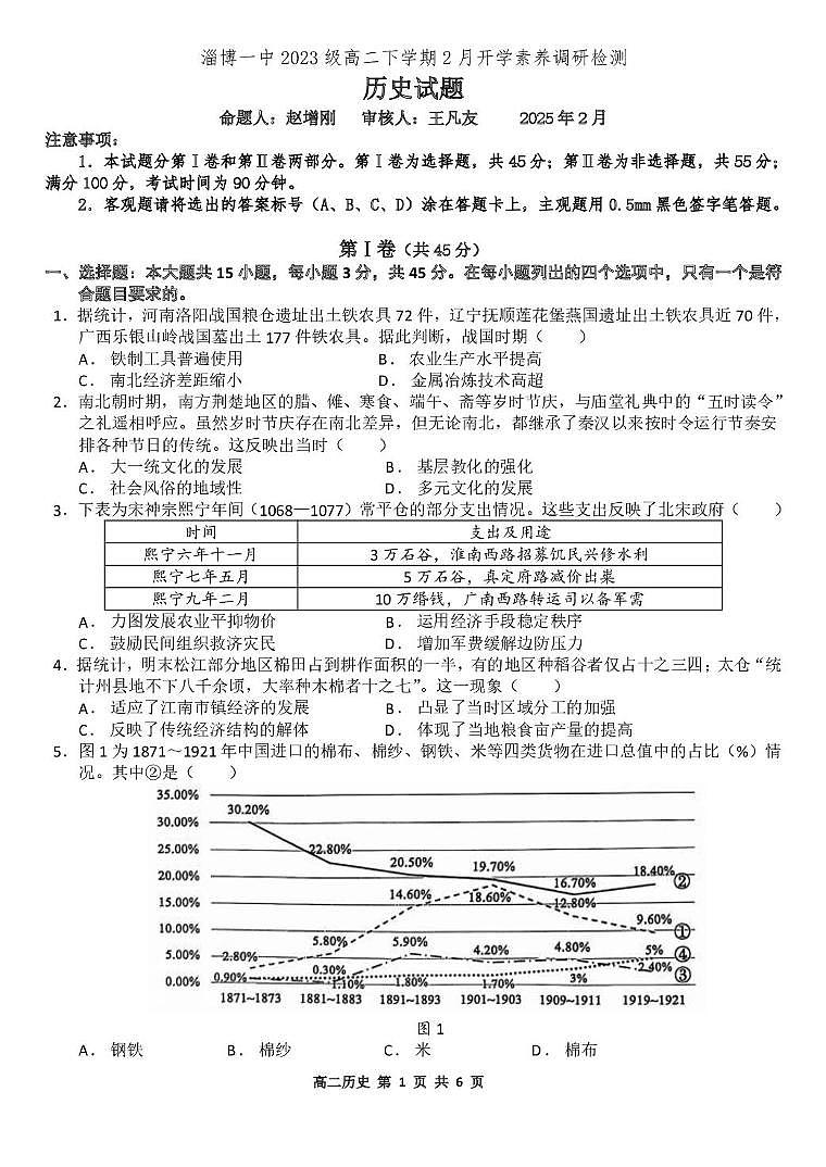山东省淄博第一中学2024-2025学年高二下学期开学考试历史试题第1页