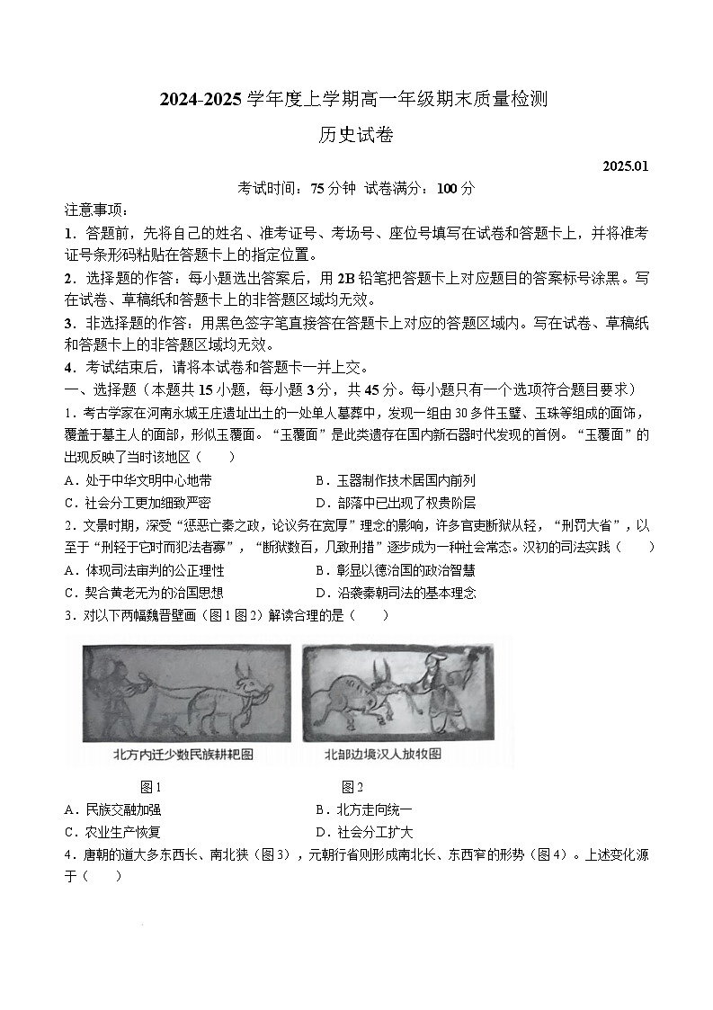 湖北省武汉市2024-2025学年高一上学期期末质量检测历史试卷（Word版附解析）第1页