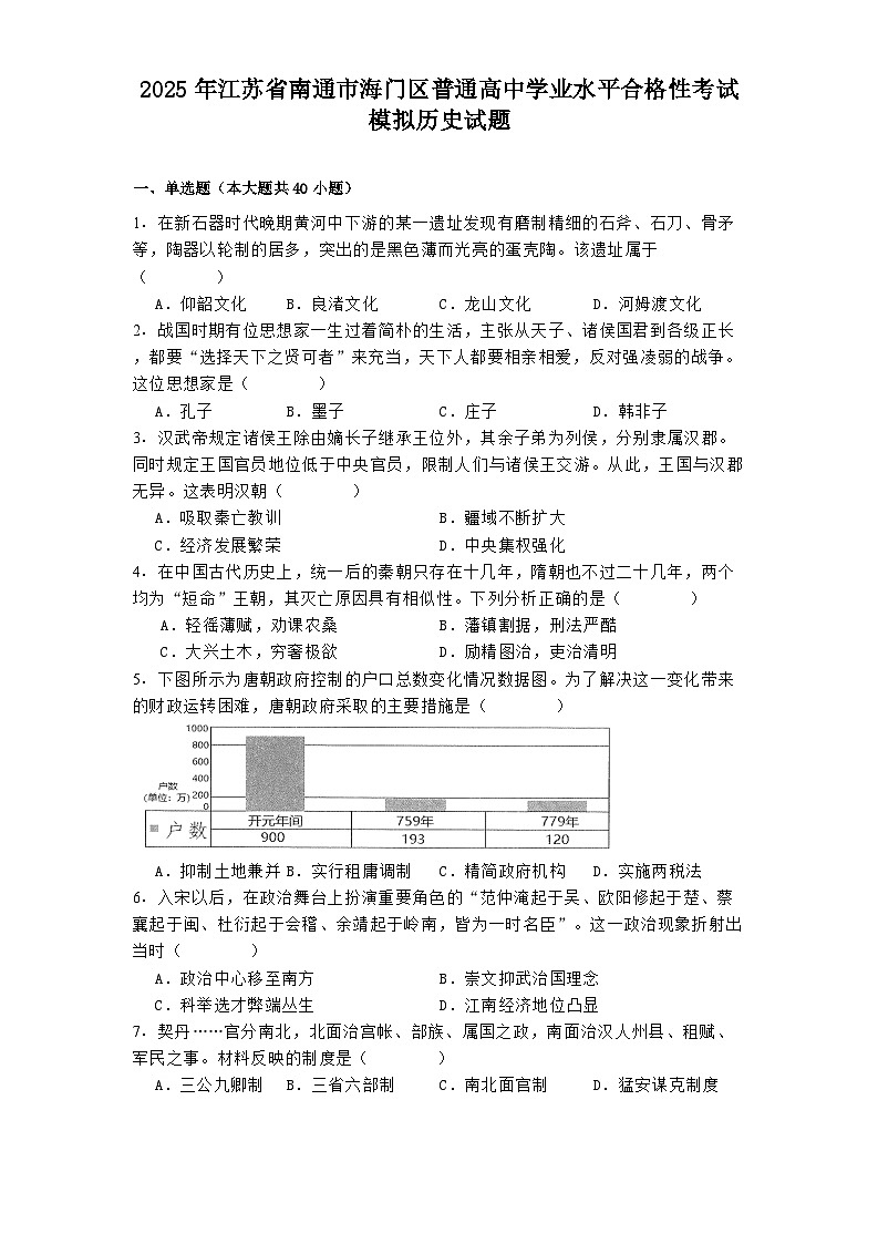 2025年江苏省南通市海门区普通高中学业水平合格性考试模拟历史试题第1页