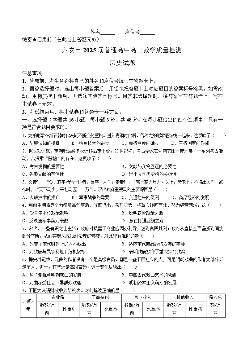 2025六安高三上学期期末考试历史含解析第1页