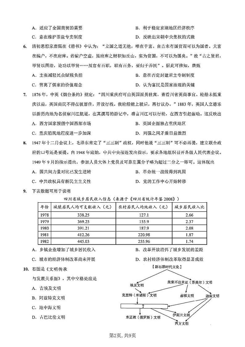 重庆市第一中学校2025届高三下学期2月开学考试历史试题及答案第2页