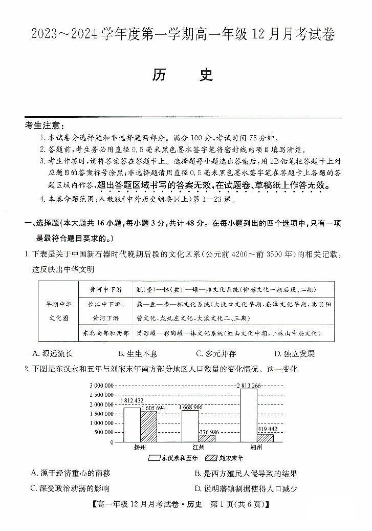 河北省沧州市部分学校2023_2024学年高一历史上学期12月月考试题pdf第1页