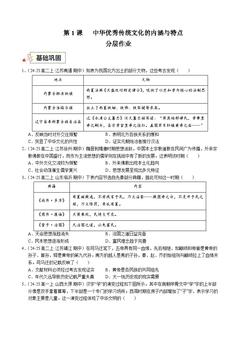 第1课 中华优秀传统文化的内涵与特点（分层练，基础+提升+真题）（原卷版）第1页