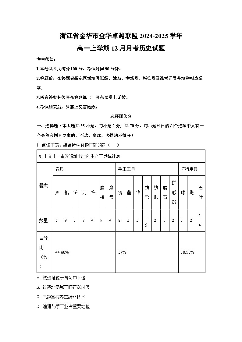 浙江省金华市金华卓越联盟2024-2025学年高一上学期12月月考历史试卷（解析版）第1页