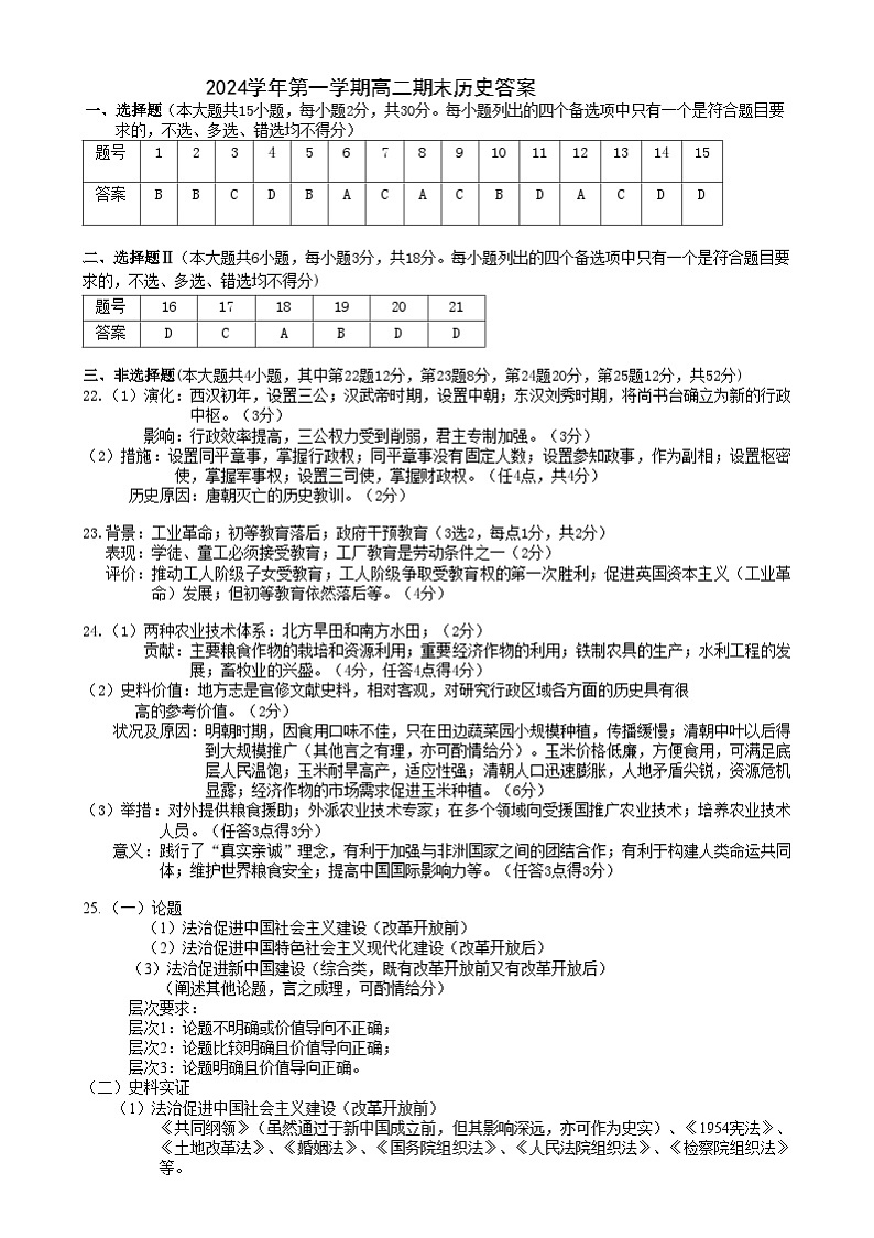 2024学年第一学期高二期末历史答案第1页