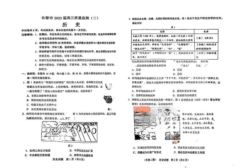 吉林省长春市2025届高三高考模拟质量监测（二）-历史试题+答案第1页
