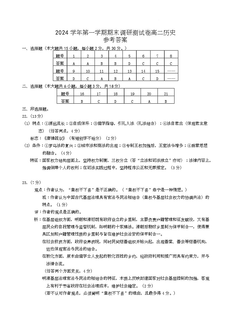 2024学年第一学期高二历史期末样卷参考答案第1页