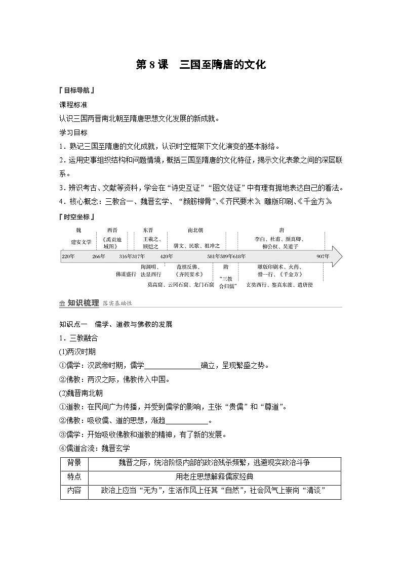 部编版高中历史(必修上册)知识点梳理+巩固练习第二单元　第八课　三国至隋唐的文化第1页