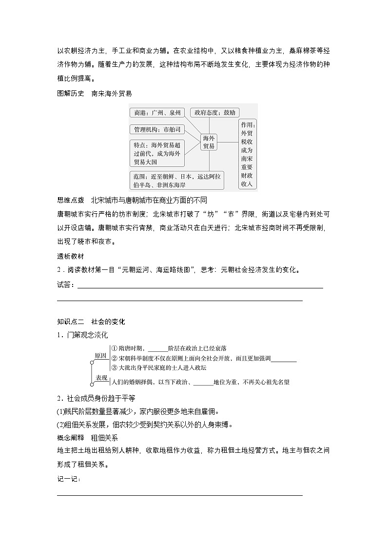 部编版高中历史(必修上册)知识点梳理+巩固练习第三单元　第十一课　辽宋夏金元的经济、社会与文化第3页