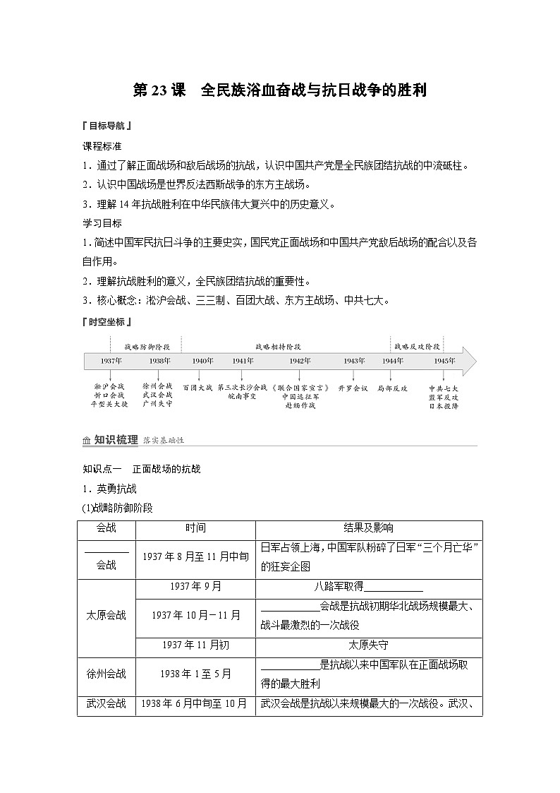 部编版高中历史(必修上册)知识点梳理+巩固练习第八单元　第二十三课　全民族浴血奋战与抗日战争的胜利第1页