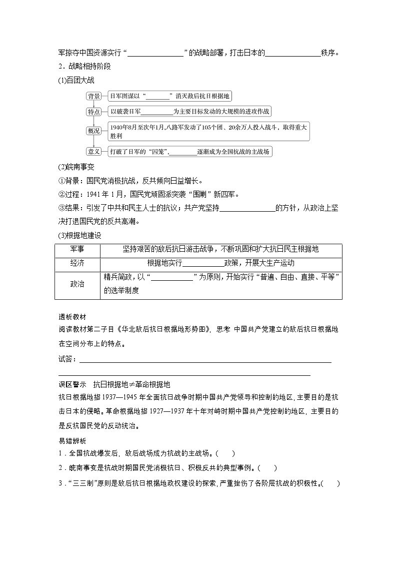 部编版高中历史(必修上册)知识点梳理+巩固练习第八单元　第二十三课　全民族浴血奋战与抗日战争的胜利第3页