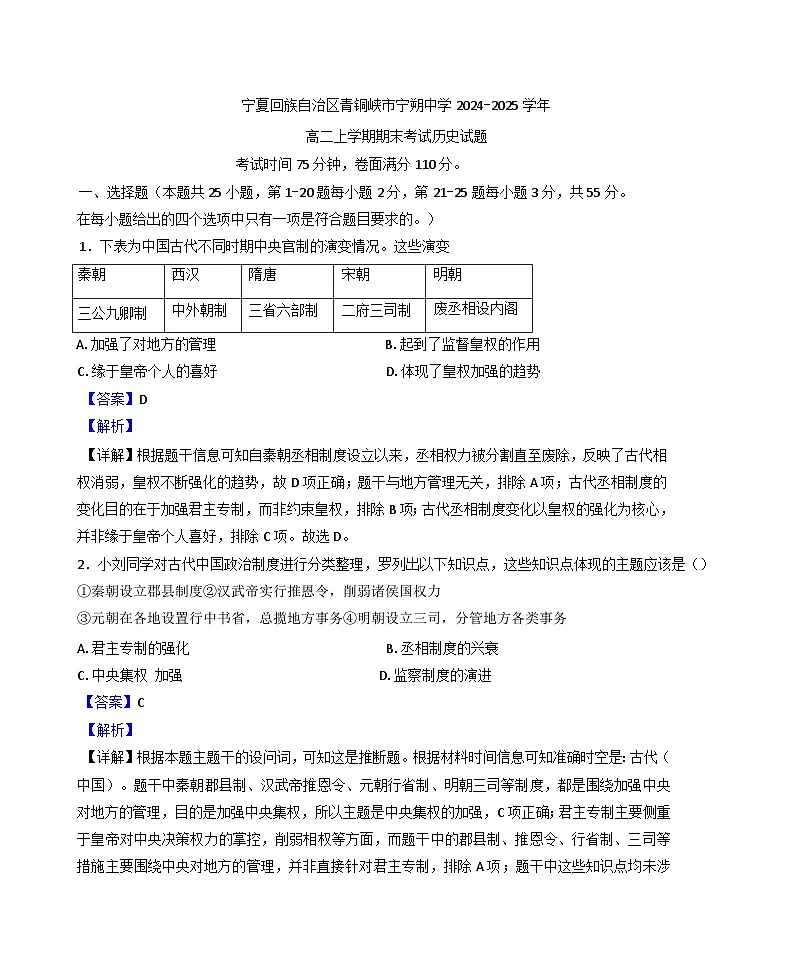 宁夏回族自治区青铜峡市宁朔中学2024-2025学年高二上学期期末考试历史试题（解析版）第1页