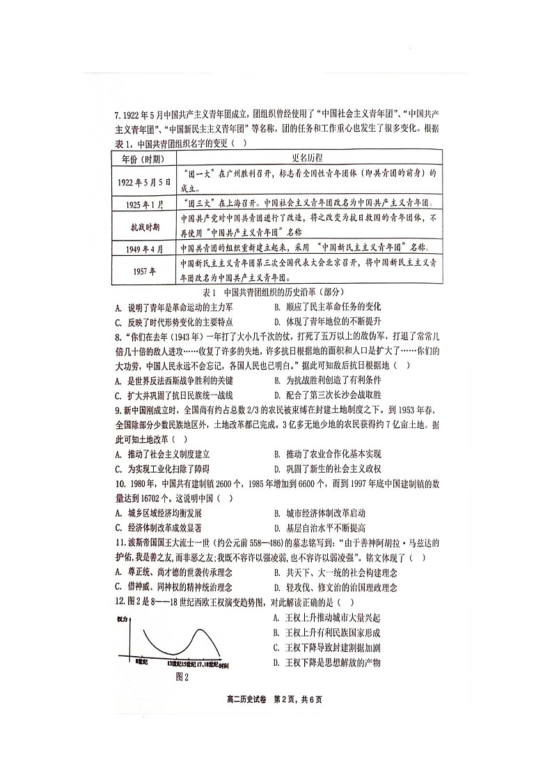 江西省上饶市2023——2024学年度下学期期末教学质量检测高二历史试卷第2页