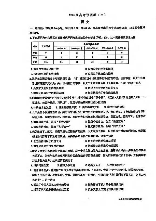 历史丨陕西省三重教育2025届高考预测卷（二）历史试卷及答案第1页