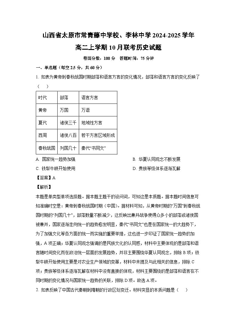 山西省太原市常青藤中学校、李林中学2024-2025学年高二(上)10月联考历史试卷（解析版）第1页