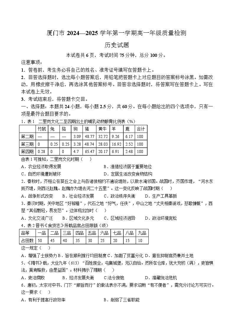2025厦门高一上学期1月期末考试历史含答案第1页