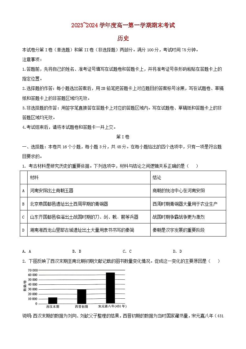 陕西省安康市2023_2024学年高一历史上学期期末考试含解析第1页