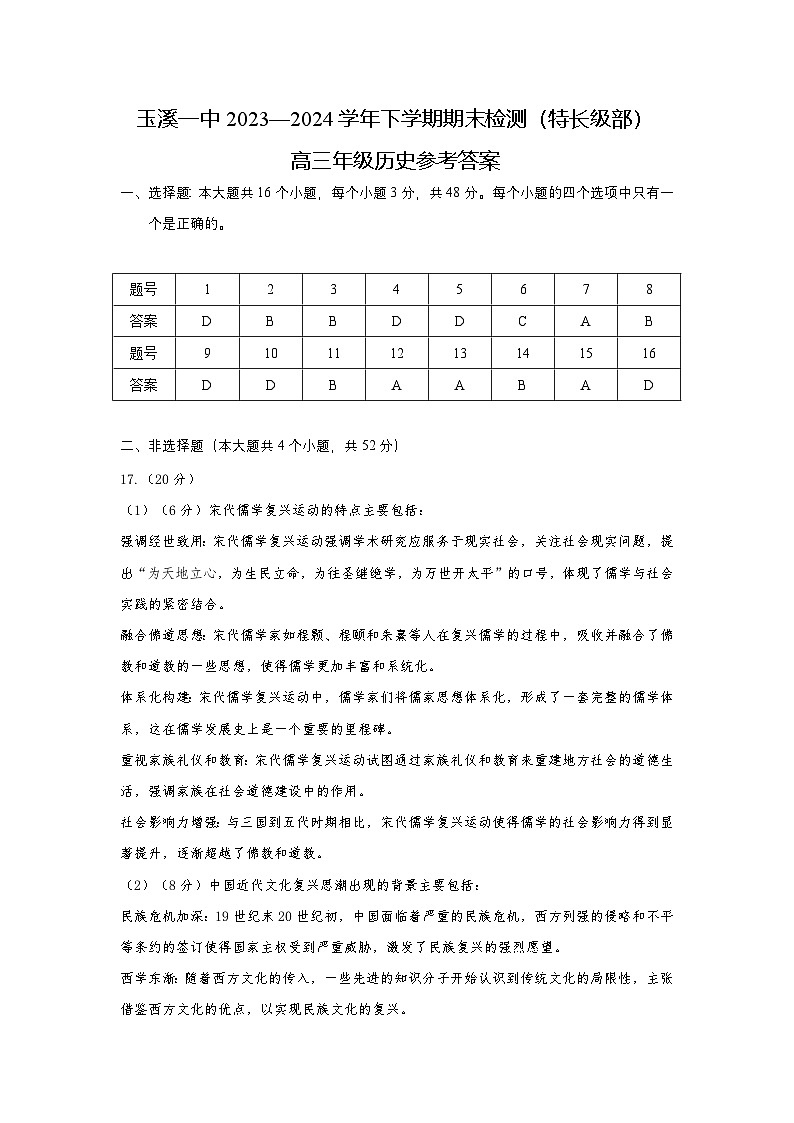 玉溪一中2023—2024学年下学期期末检测（特长级部）高三年级历史答案第1页