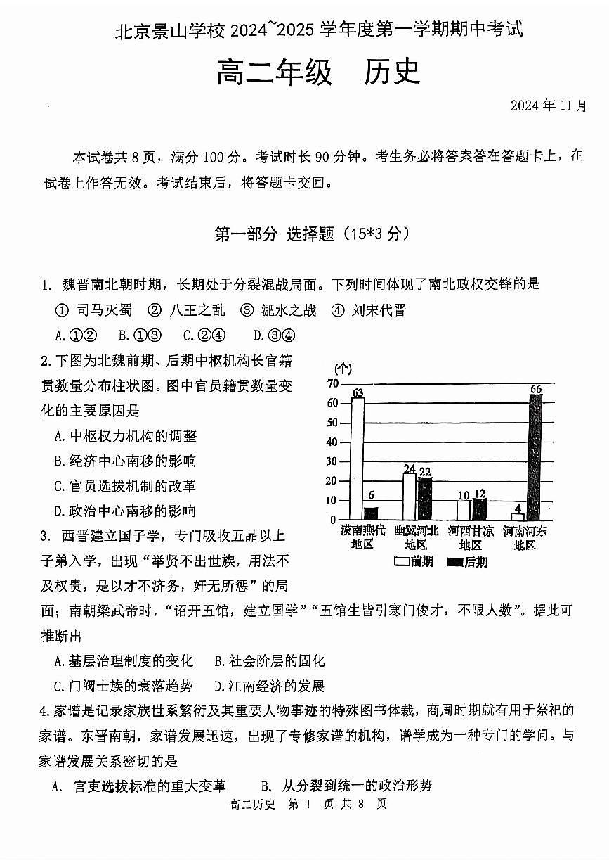 2024北京景山学校高二（上）期中历史试卷（无答案）第1页