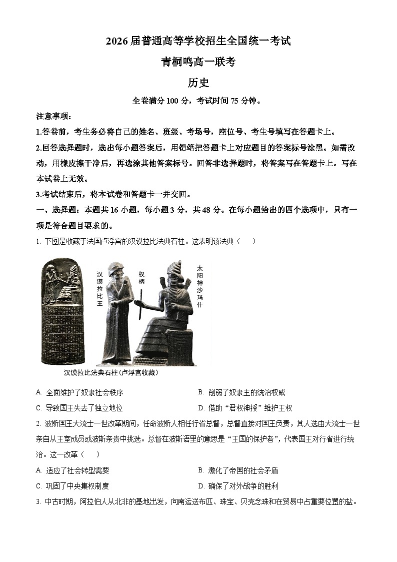 河南省青桐鸣联考2023-2024学年高一下学期5月月考历史试题  Word版无答案第1页