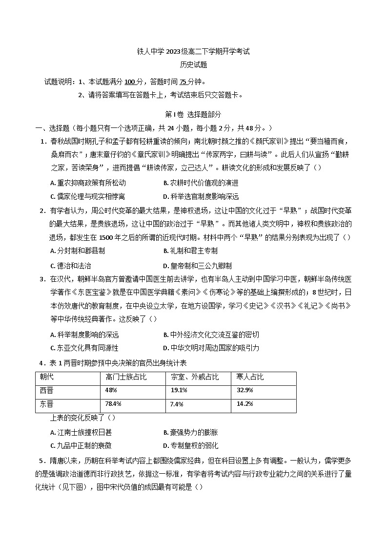 黑龙江省大庆铁人中学2024-2025学年高二下学期开学考试历史试卷（含解析）第1页