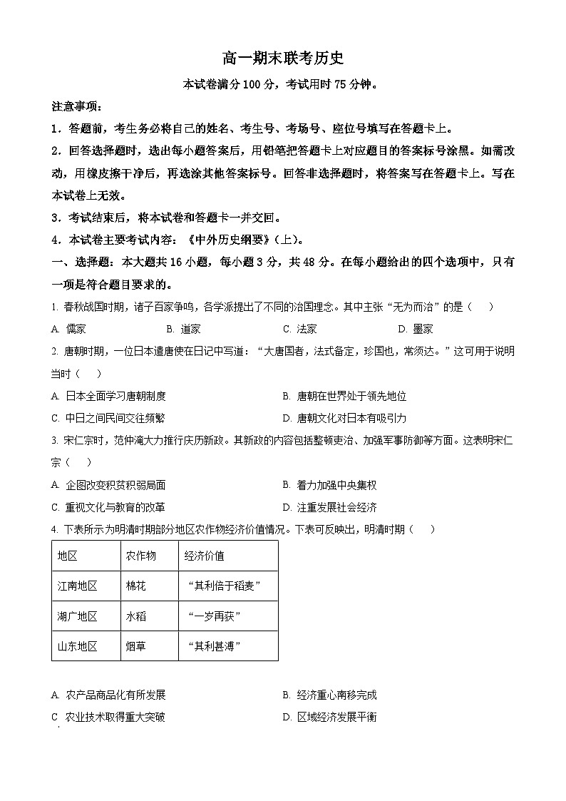 山西省晋城市2024-2025学年高一上学期期末考试历史试题  Word版无答案第1页