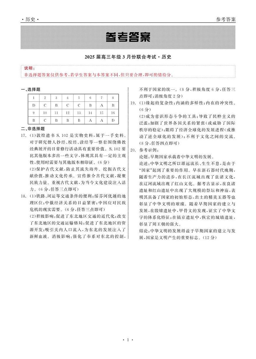 2025届高三年级3月份联合考试 历史 答案第1页