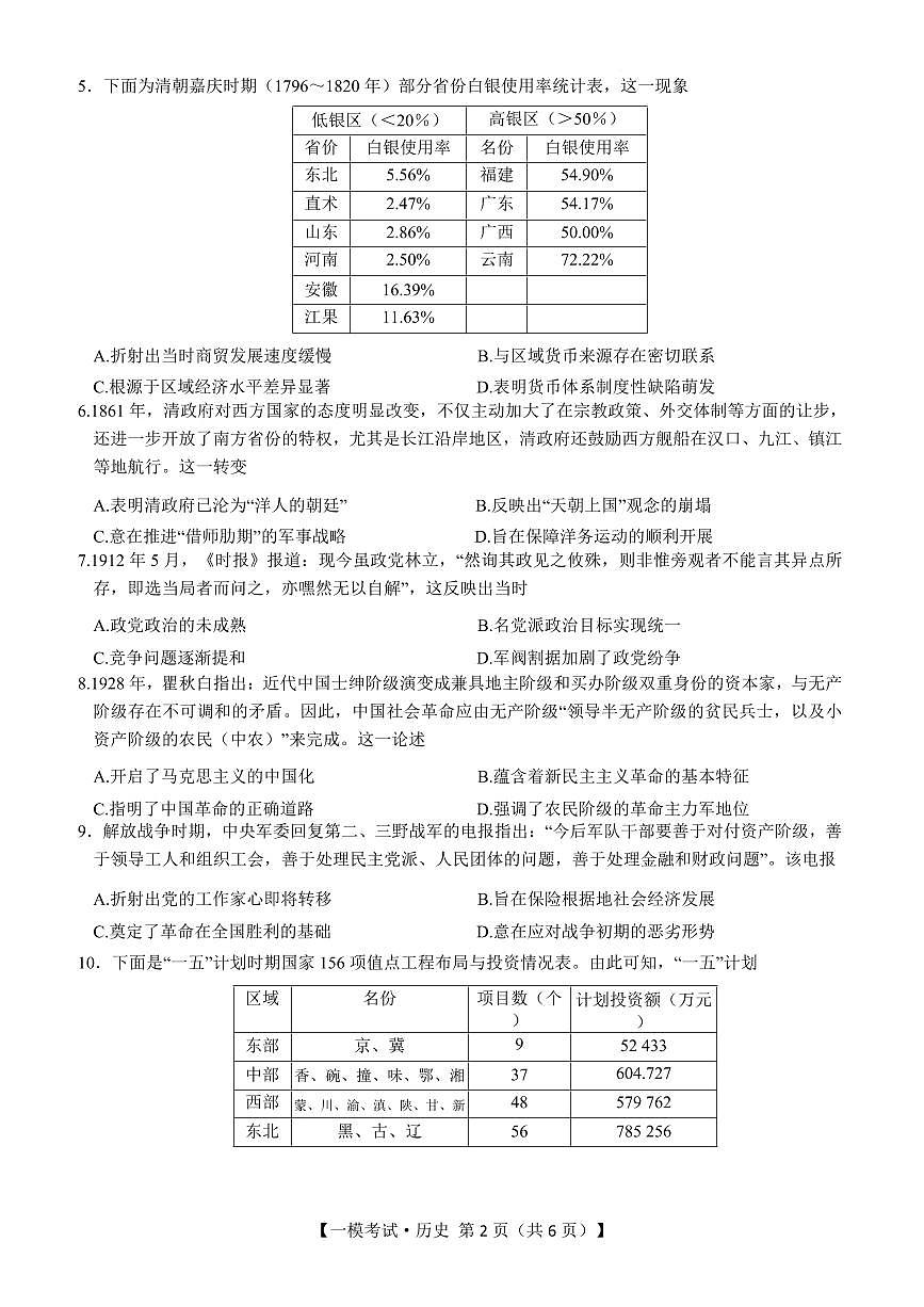 江西省萍乡市2024~2025学年度高三高考模拟一模考试试卷历史+答案第2页