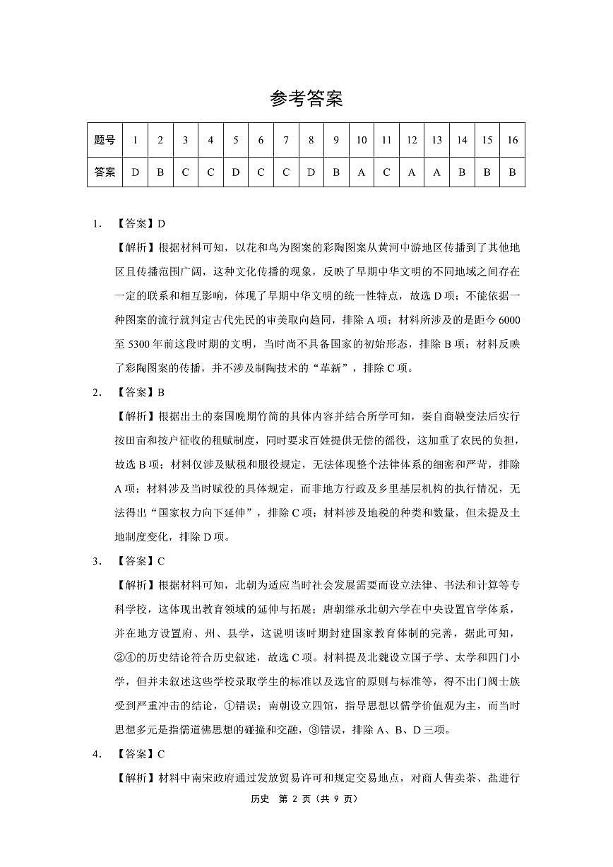 东北三省精准教学2025年3月高三联考-历史参考答案第2页